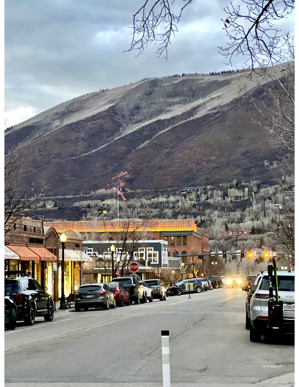 Aerial view of Aspen, Colorado in winter; New development at Snowmass Base Village