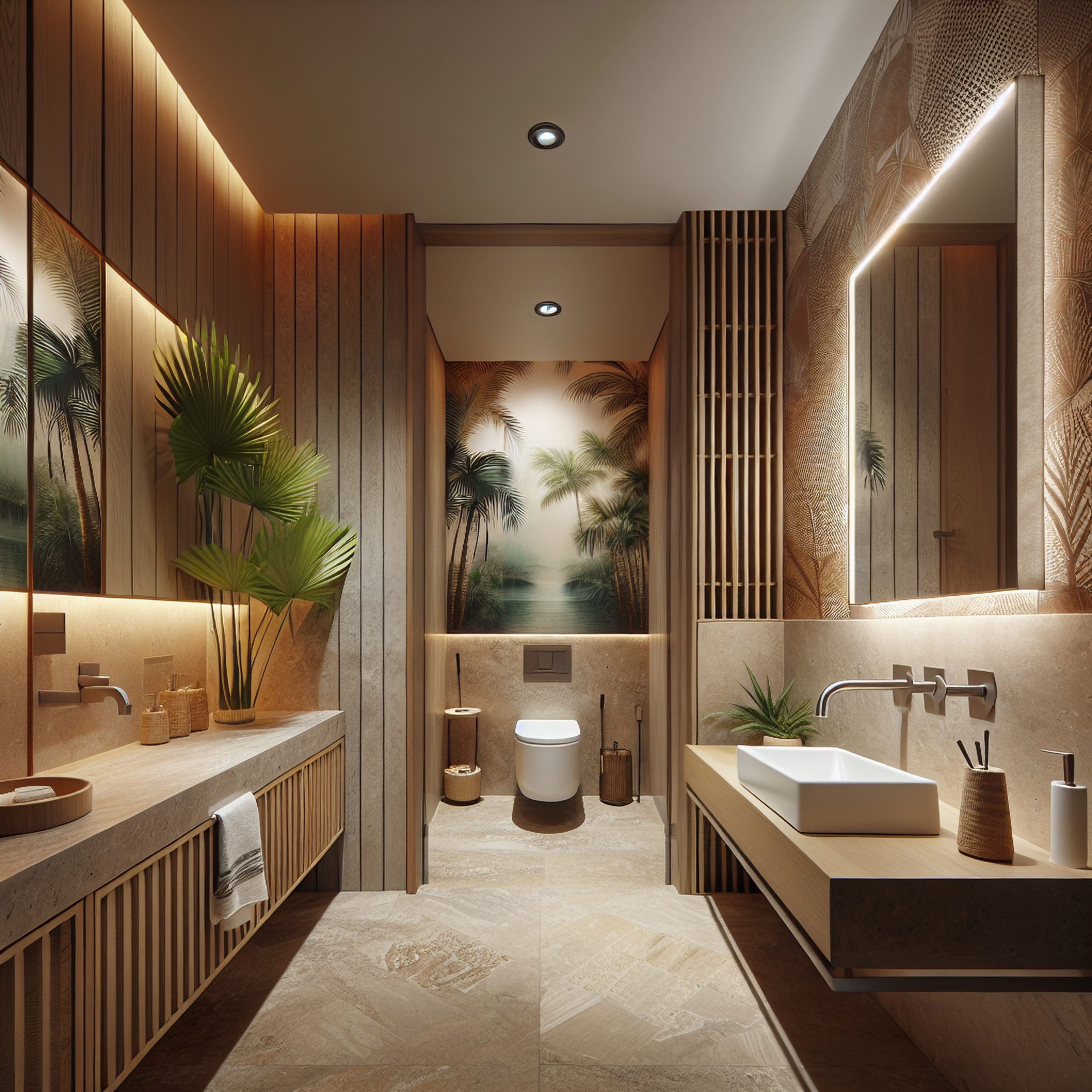 Tropical-inspired luxury bathroom with palm mural, floating vanities, natural textures, and warm ambient lighting.