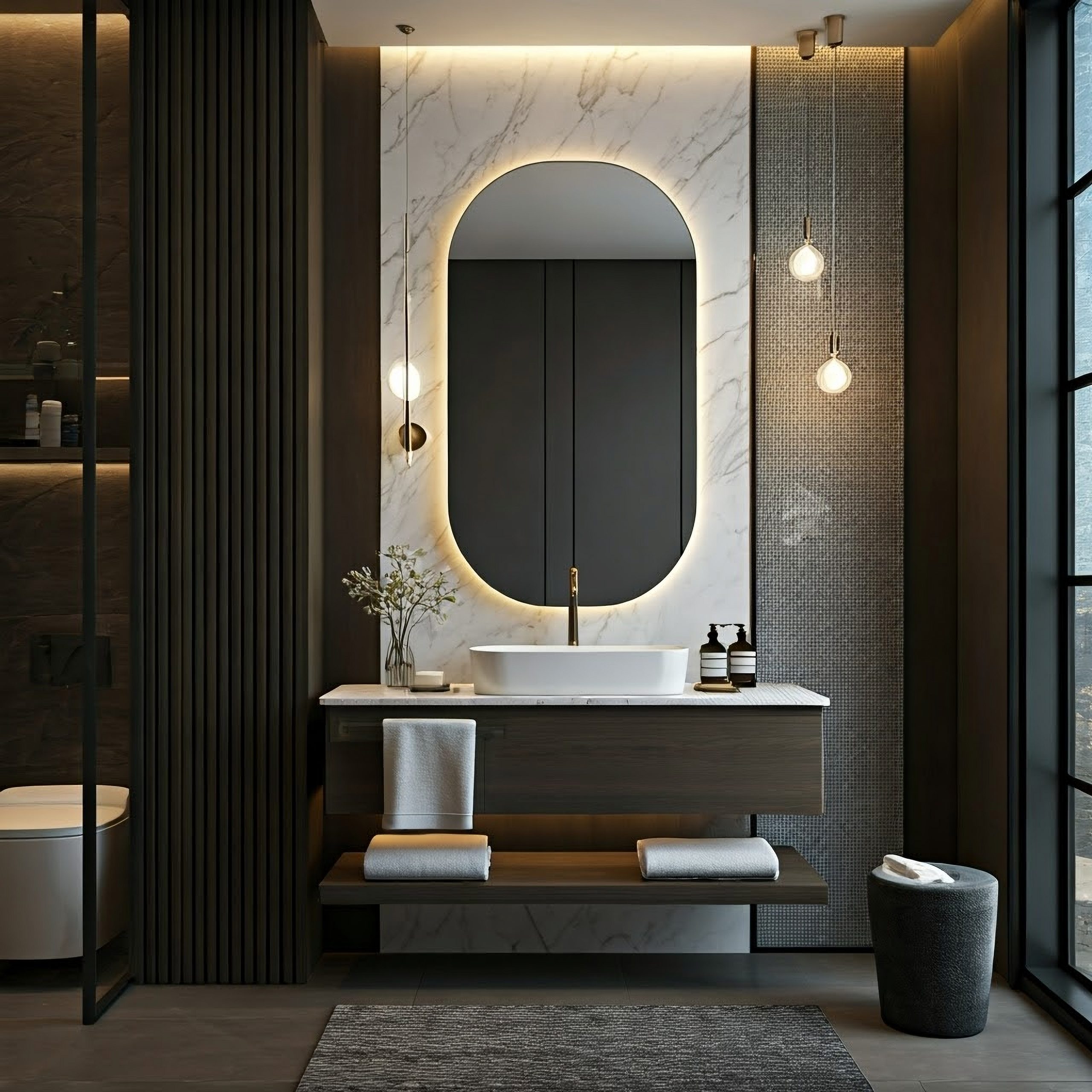 Modern luxury bathroom with marble backsplash, backlit mirror, pendant lighting, and dark wood finishes.