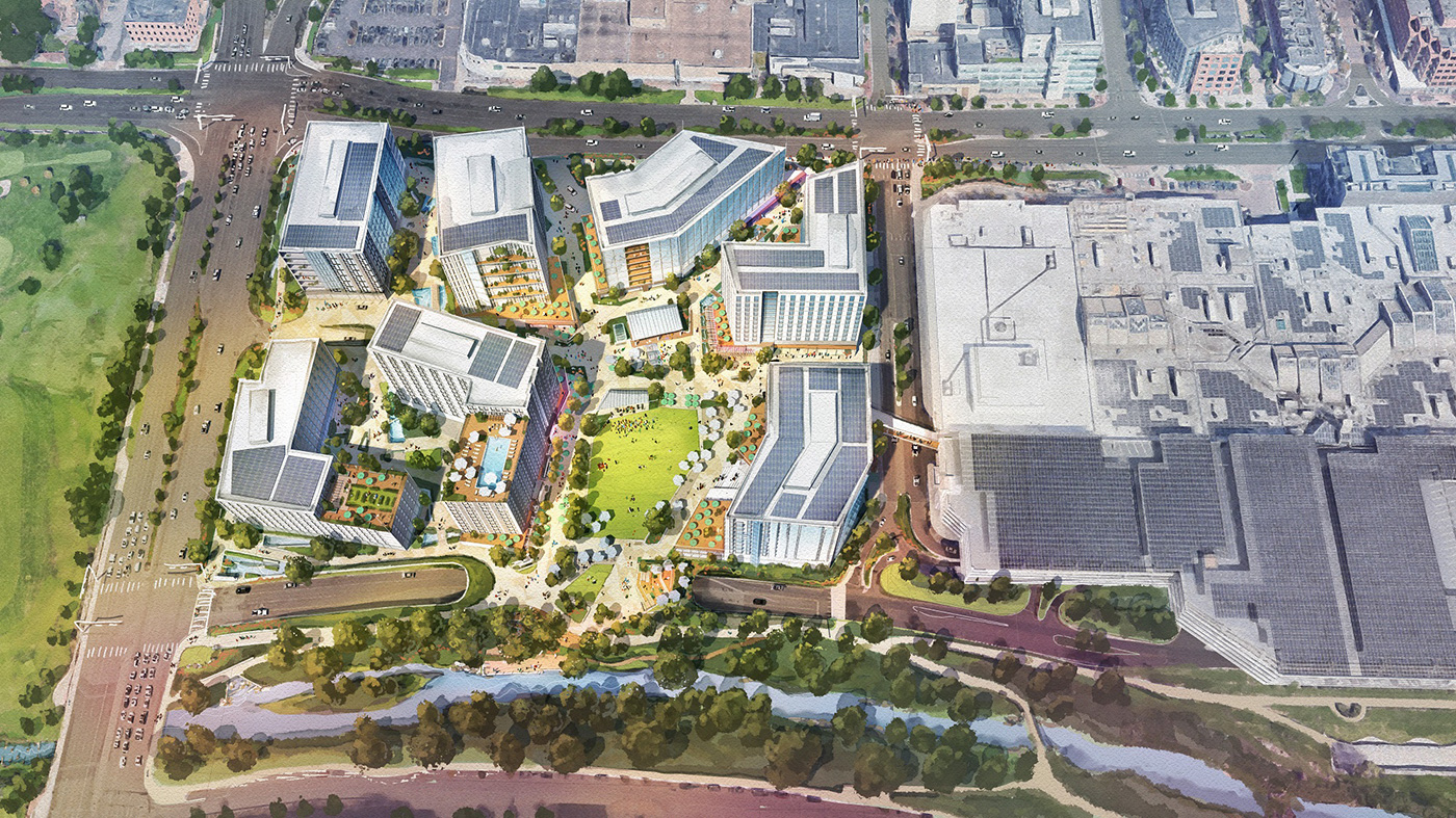 Conceptual rendering of Cherry Creek West redevelopment – people biking and walking on a widened trail lined by new mid-rise buildings and greenery.
